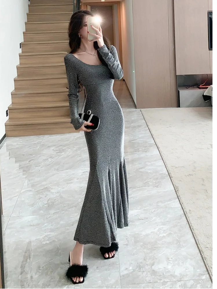 

SMTHMA New Autumn Winter Women's Long Sleeved Temperament Sparkling Silver Silk Slim Dress Ladies Elegant Mermaid Long Dresses