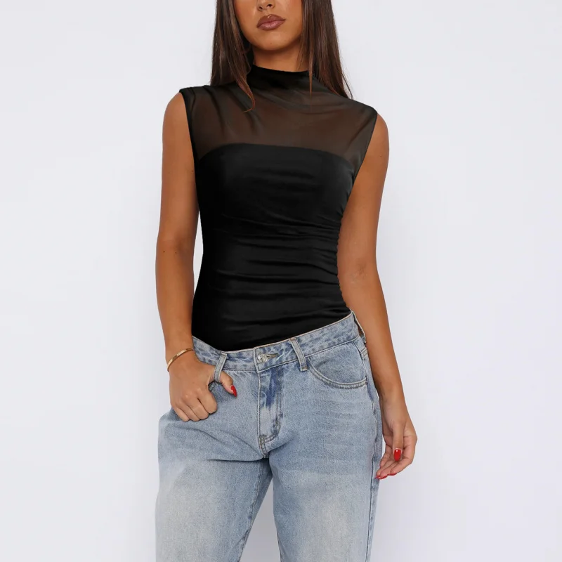 

Perspective Style Women'S Summer Semi High Neck Top, Solid Color Mesh, Spicy Girl Style Versatile Vest