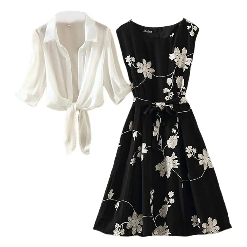 Women Dress Suit Lady Cardigan Dress Set Flower Print with A-line Dress See-through Cardigan Coat for Women