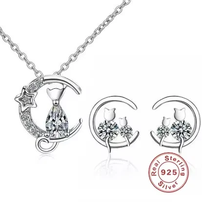 

925 Sterling Silver Jewelry Set, Moon Cat Style, Cute And Playful Diamond Earrings And Necklace