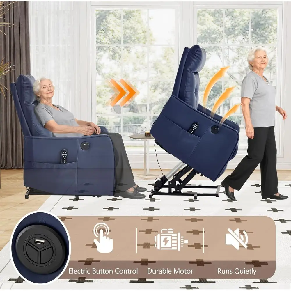 راحة كبار السن: كرسي رفع كهربائي قابل للتعديل مع الحرارة والتدليك، جلد صناعي أزرق داكن، جيوب جانبية #3