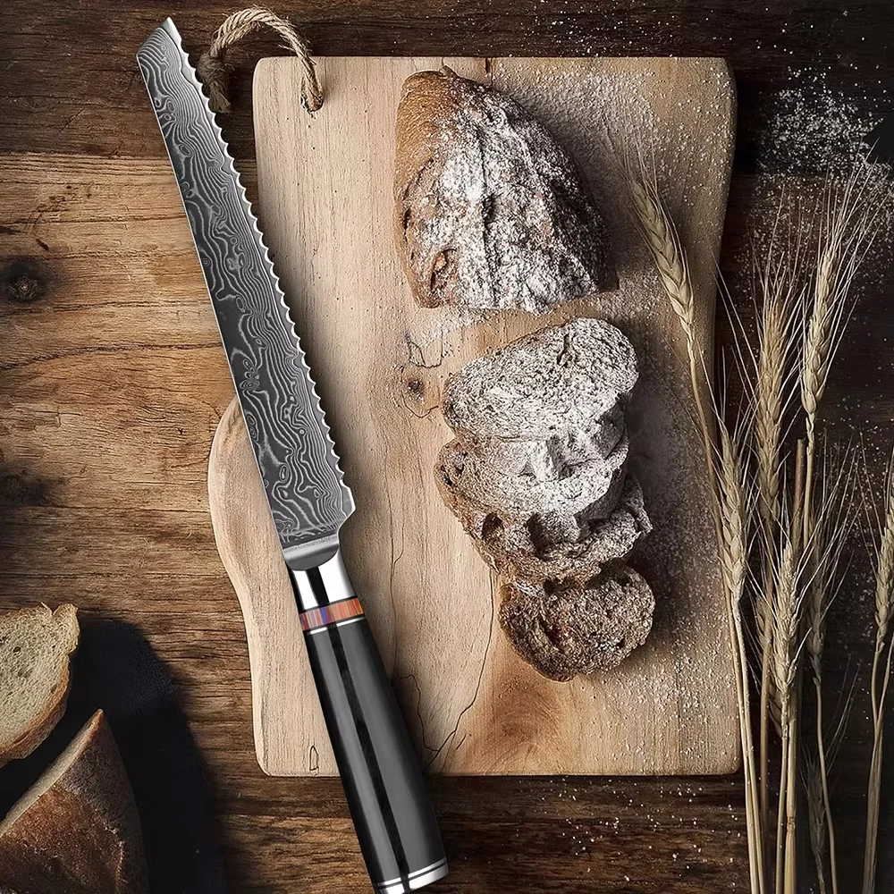 

8" Japanese VG-10 Damascus Steel Serrated Bread Knife - Pro Chef's Tool for Home & Commercial Kitchens with Ergonomic Handle