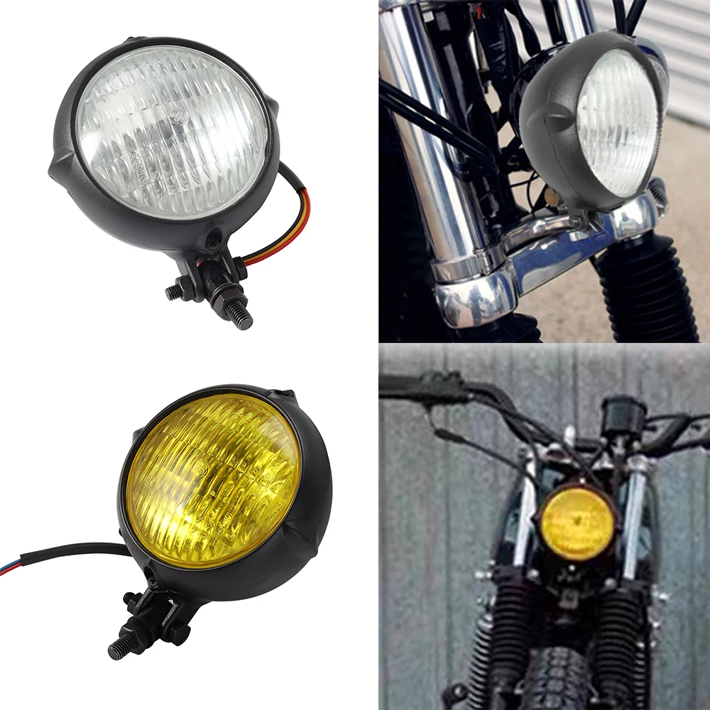 Round Motorcycle Headlight 4 Inch H4 Motorbike Headlamp Amber Lamp for Harley Bobber Chopper Custom Bikes Black Yellow Lens