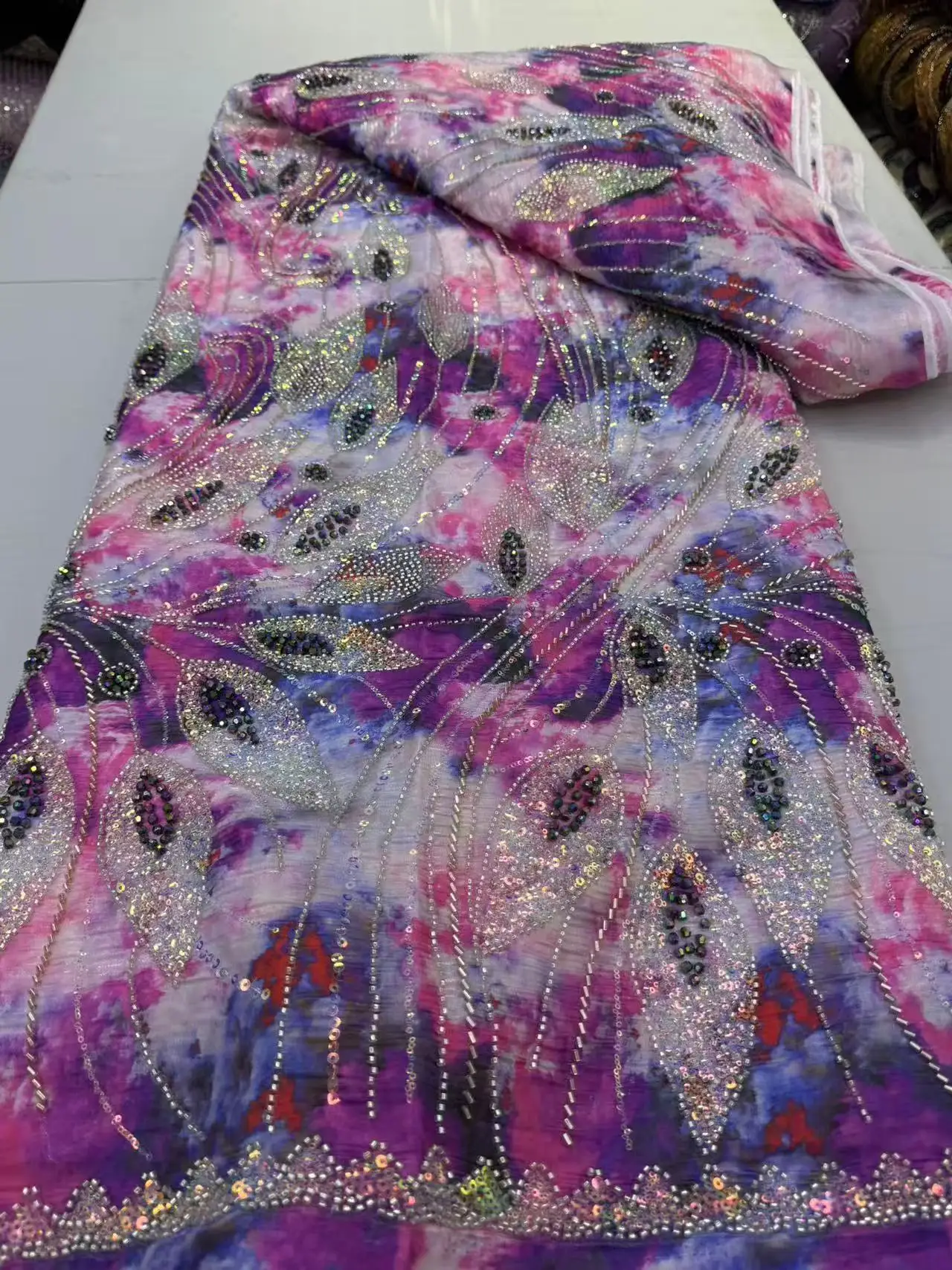 

Luxury African Beaded Lace Fabric 2026 High-Quality French Nigerian Sequined Lace Fabric Party Dress Sewing Material 5 Yards