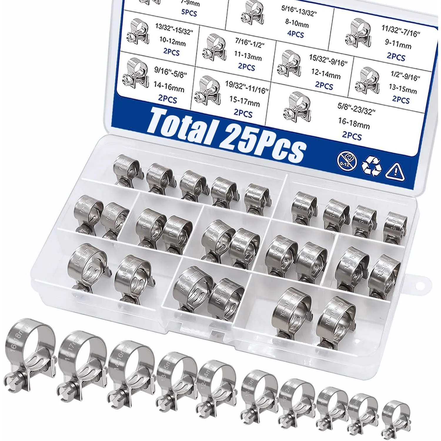 25Pcs 7mm to 18mm (10 Sizes) Zinc Plated Carbon steel Mini Fuel Injection Style Hose Clamp Assortment Kit for Diesel Petrol Pipe