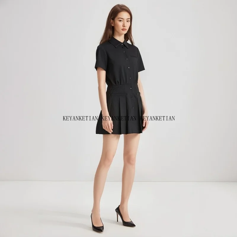 KEYANKETIAN ฤดูร้อนใหม่ Preppy สไตล์ Patchwork ชุดมินิเปิดลงคอเดี่ยวแขนสั้น Slim ผู้หญิงจีบชุด
