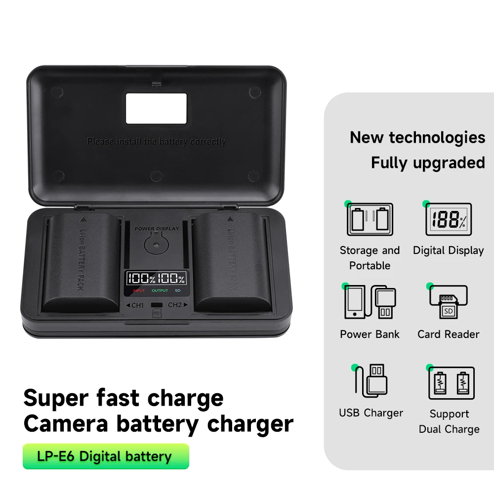 LP E6 LP-E6 LP-E6N Battery + LED Dual Charger Case For Canon EOS 5DS R 5D Mark II III IV 5D 6D 7D 70D 80D R5 R6 XC10 XC15