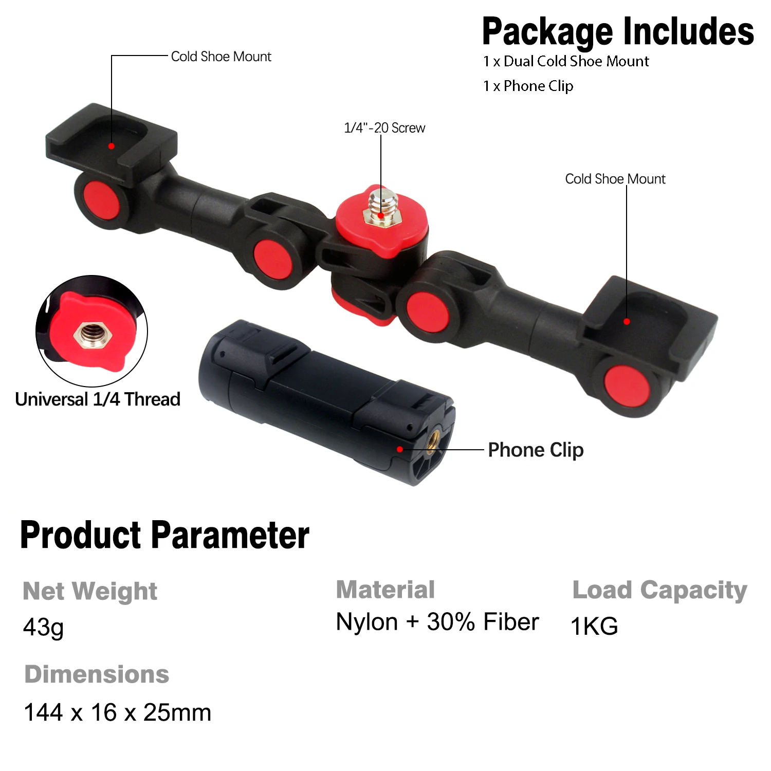 回転式コールドシューマウントアダプター,電話クリップ付きデュアルコールドシューズ延長バーブラケット,カメラ用LEDライトマイク