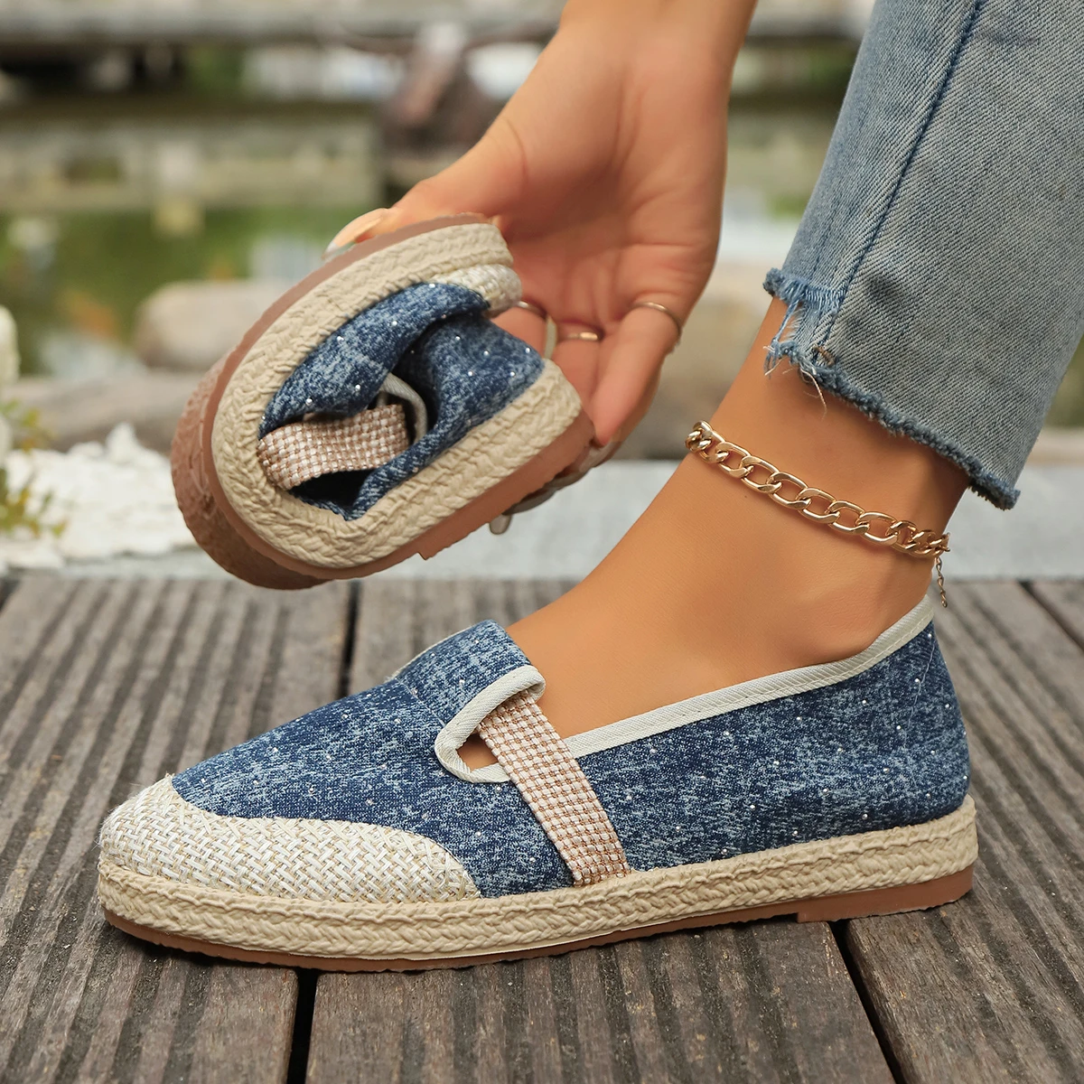 Mocasines planos de lona de lino a rayas para mujer, mocasines informales cómodos de estilo vegano, color gris y azul, novedad de 2024