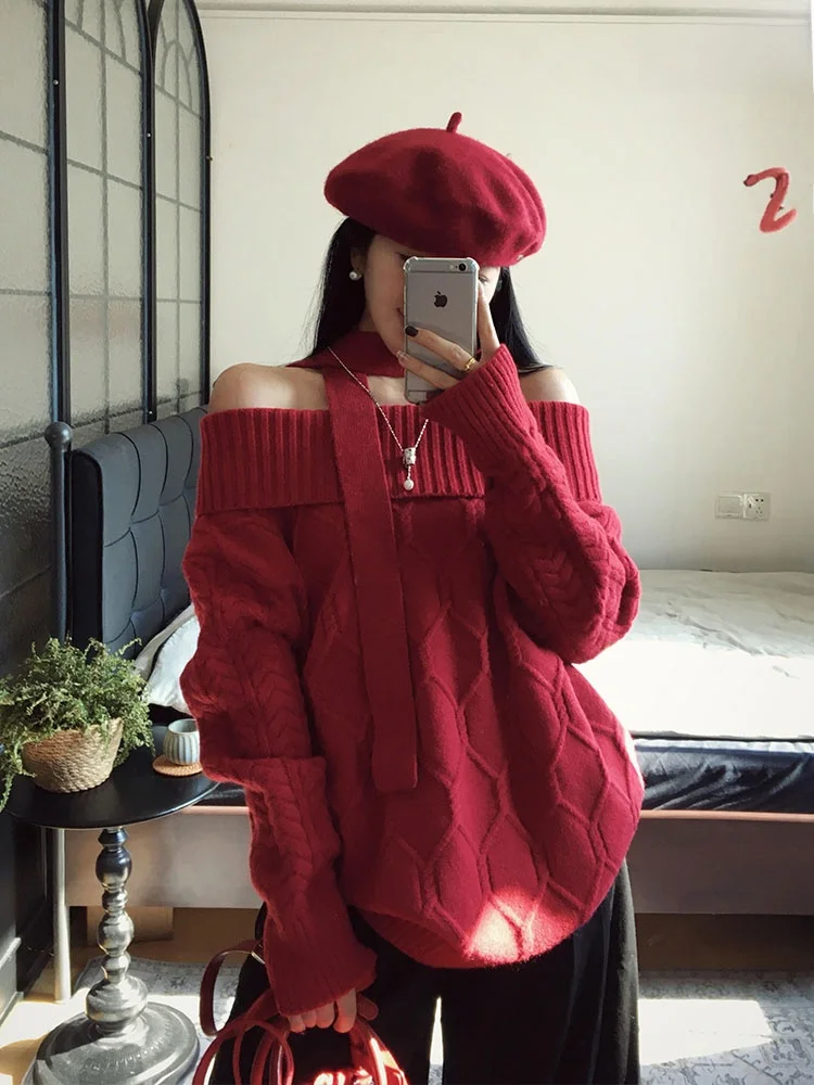 Cisas Neujahr Rot Sa Lose Weiche Damen Strickpullover oulder Bared Lazy Sle Herbst Winter Lässige Rautenmuster...