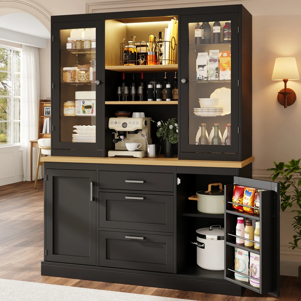 Keukenkast met app-gestuurde LED-verlichting, 185x140x40cm, 3 laden, aanrechtblad en verstelbare planken, zwart/wit/groen