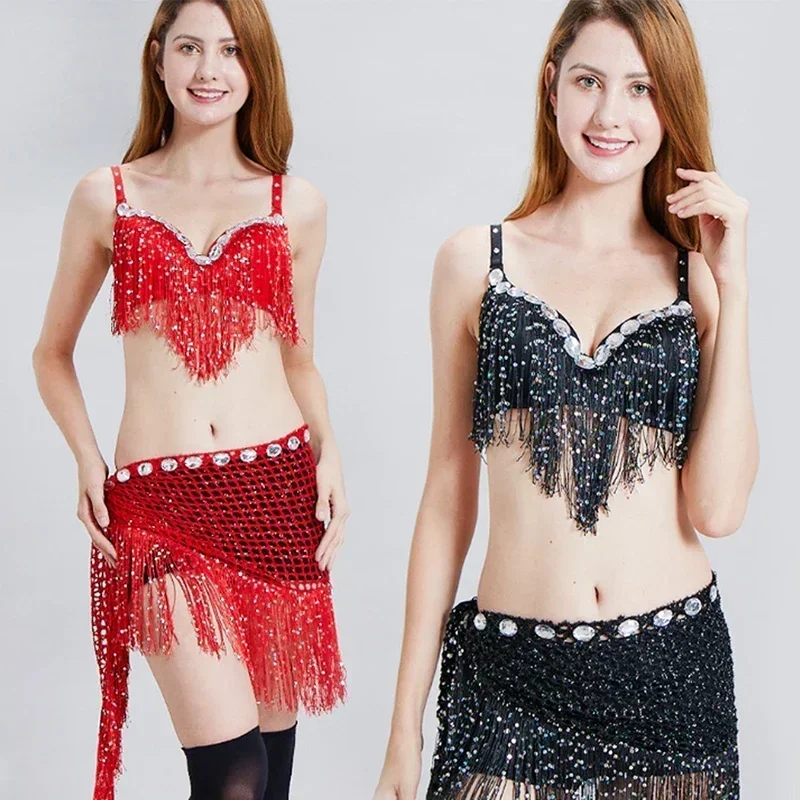 Belly Dance Costume For Women Bellydance Latin Practice Clothes Sequin Fringes Skirt Lady Hip Belt + bra Set Girl Dancing Dress