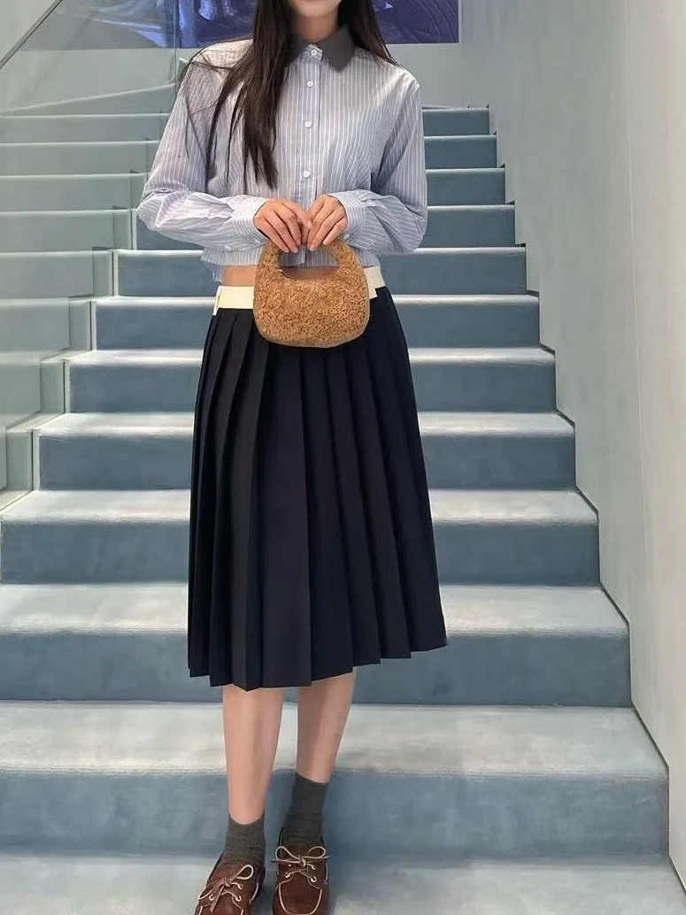 

Весенне-летняя плиссированная юбка из кашемира с цветными блоками, вышивкой букв на талии и эффектом похудения, для женщин, для повседневной носки