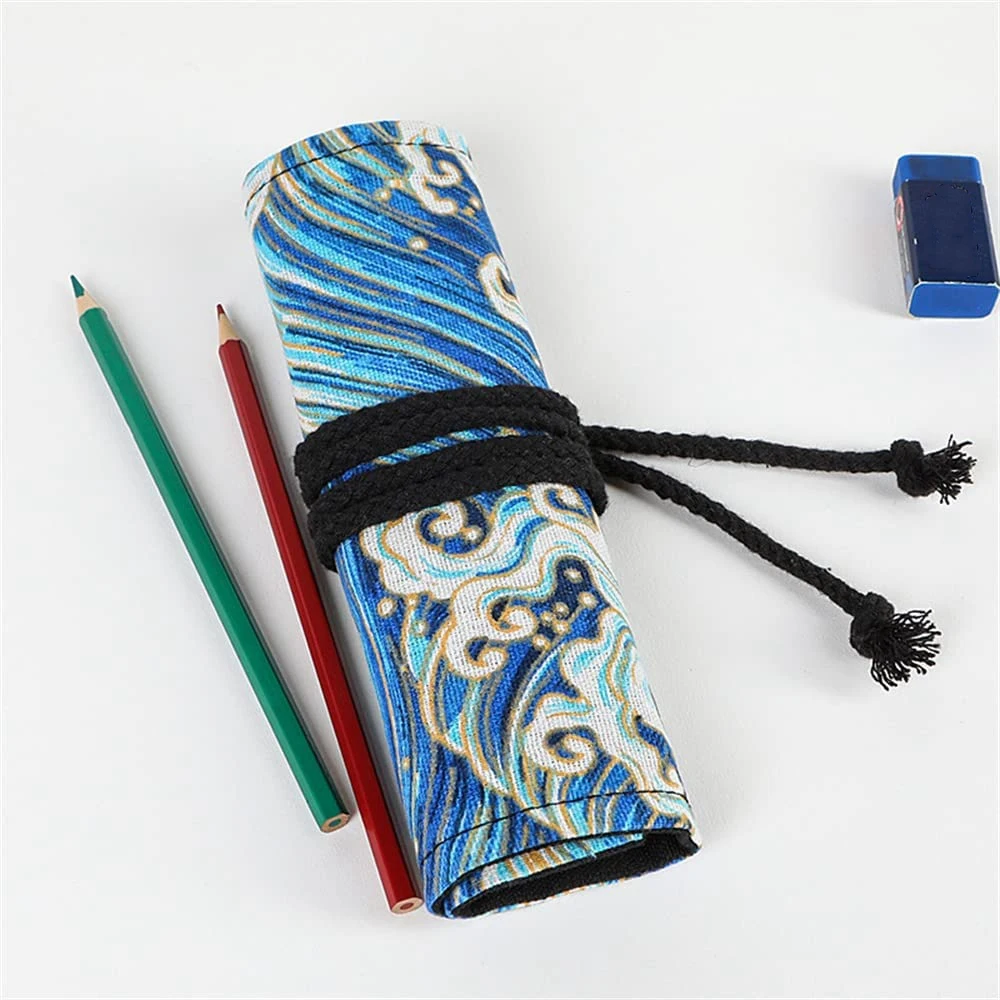 캔버스 연필 롤 랩 컬러링 웨이브 롤업 연필 파우치 정리함, 수제 연필 롤 케이스 (48 홀)