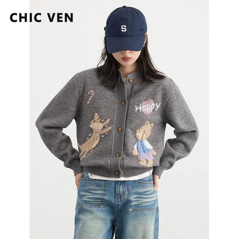 

CHIC VEN New Women Kniting Cardigan Retro O Neck Jacquard Bear Sweater Woman Clothing Female Top Autumn Winter 2025