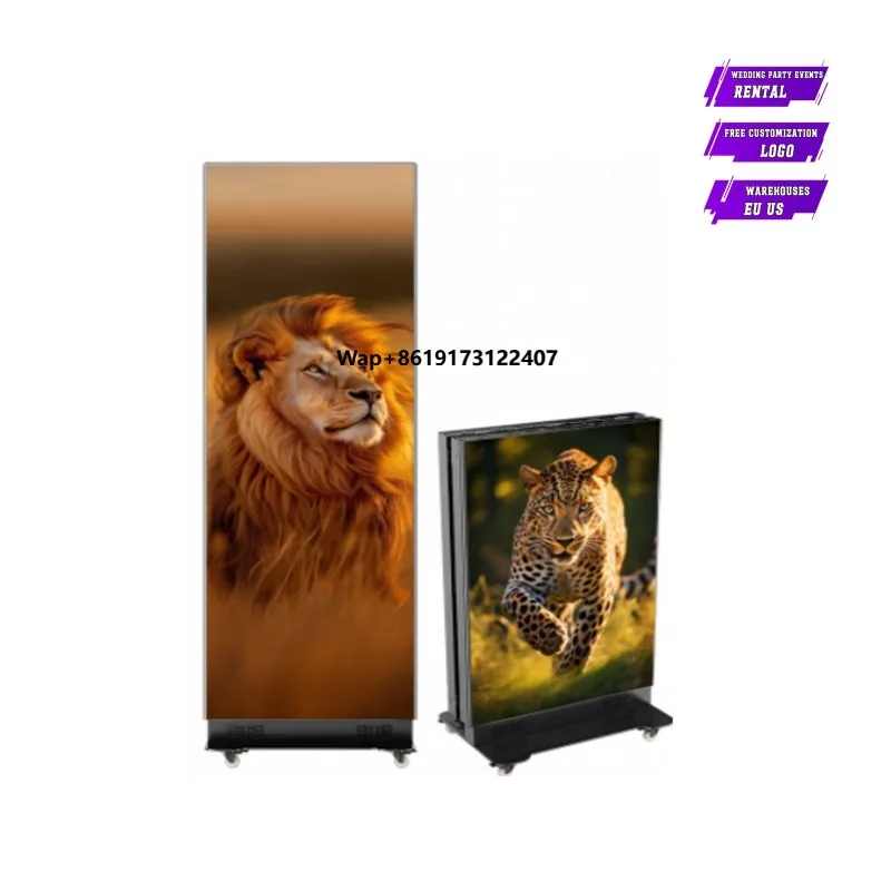 P2.5 1.86 Foldable LED Poster Screen Portable Digital Signage Advertising Players with Wheels Flight case  Double Sided Screen