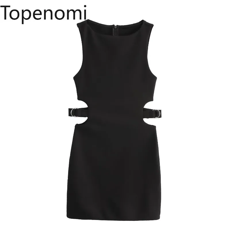 Topenomi Women Dress 2024 New Black Sleeveless Hollow Out Waist Design Wrapped Mini Dresses Fashion Slim Office Party Vestidos