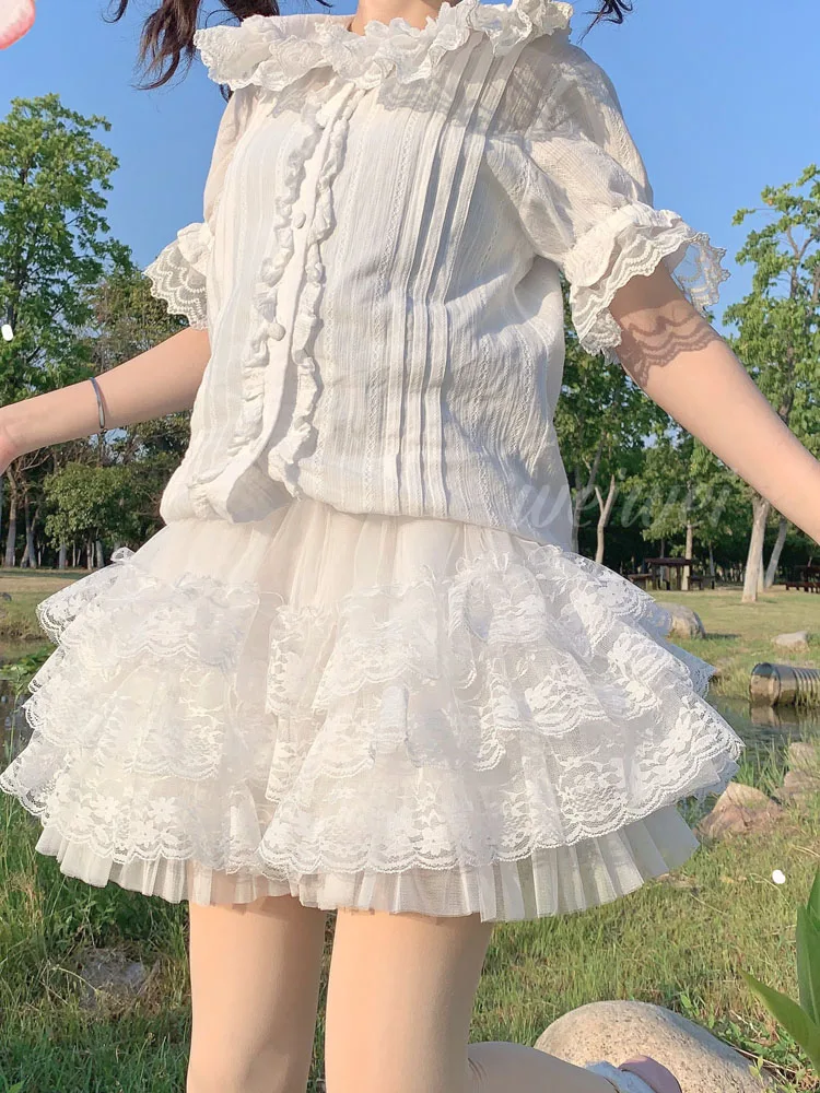 KIMOKOKM Summer Preppy Style Ball Gown Skirt Kawaii A-Line Lolita Skirts Vintage Sweety Lace Ruffles Slit Girly Mini Skirt