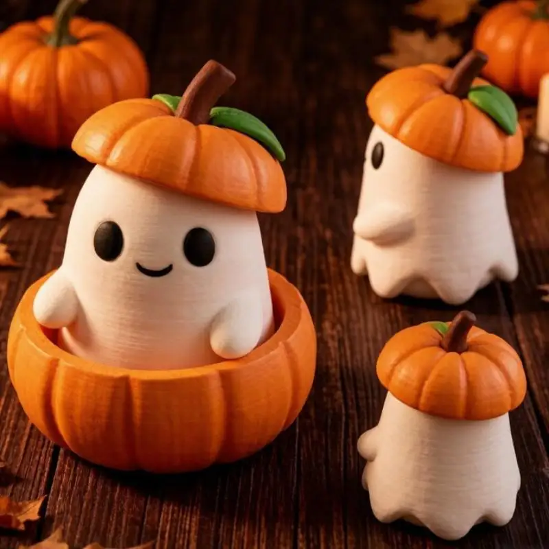 1 PCS 3D Printed Creative Halloween Pumpkin Elf Decor With Pumpkin Base Ghost Hat Desktop Ornament Halloween Gifts For Children