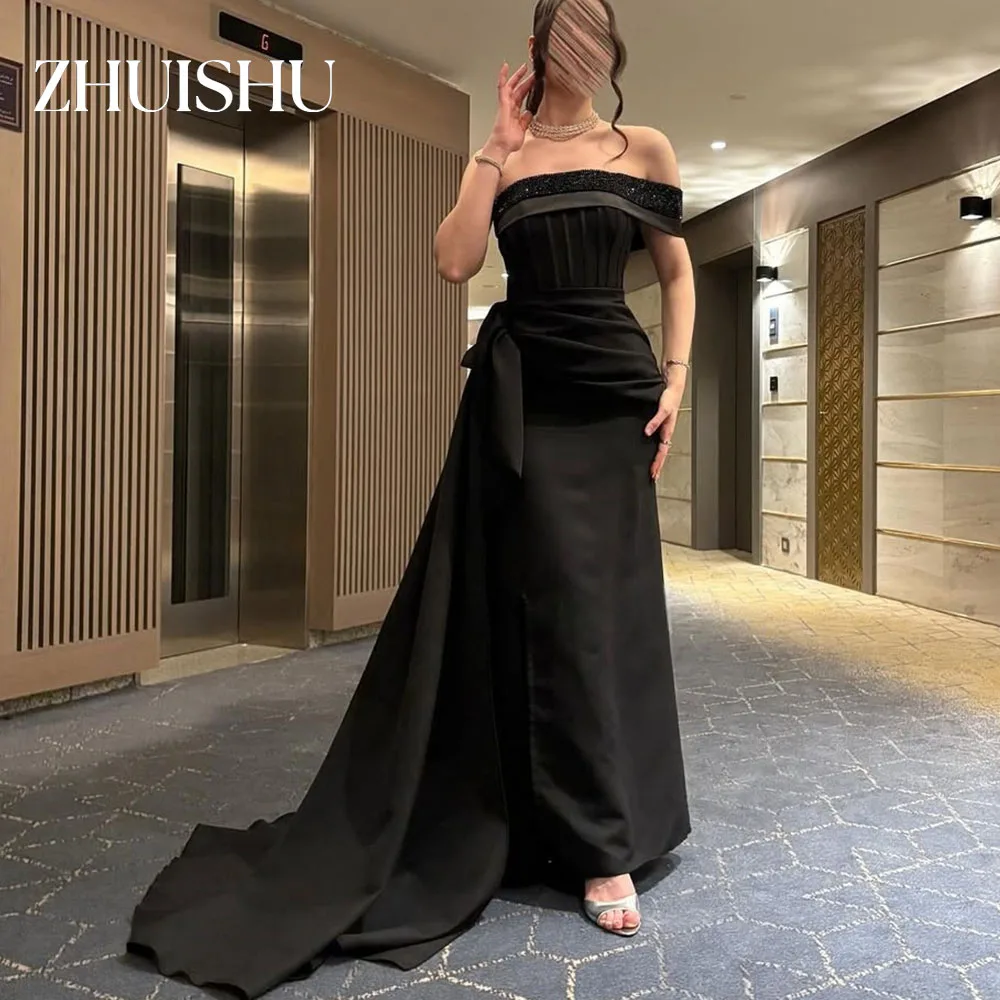 ZHUISHU One Shoulder Black Evening Gown with Beading Customized Saudi Satin Long Prom Party Dress Formal Event Dress for Wedding