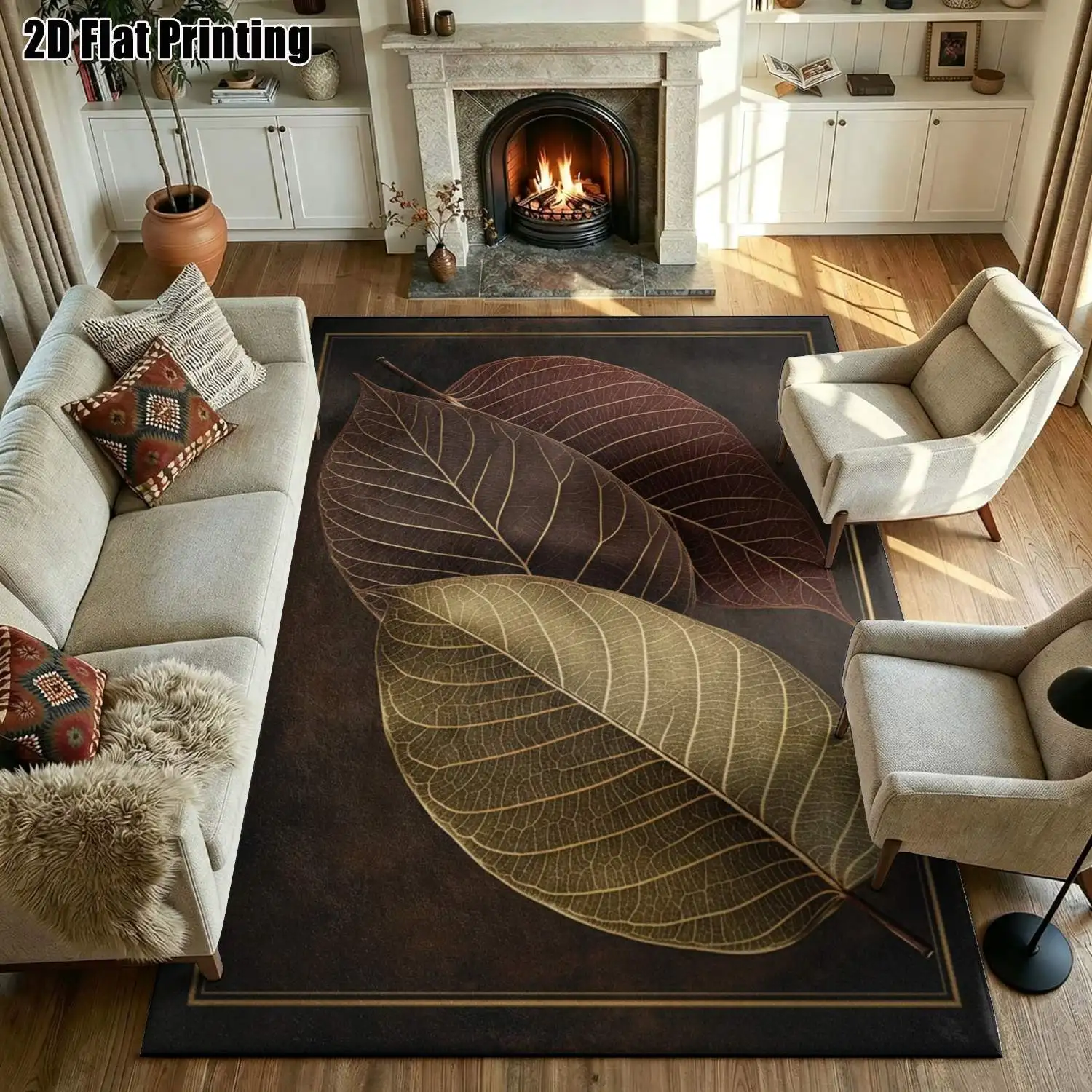 1Pc 2D Printed Retro Brown Leaf Vein Pattern Nordic/Instagram Style Carpet, Machine Washable, Multi-Size, Suitable for Entrance, Dining Room, Foyer, Study, Living Room Home Decoration