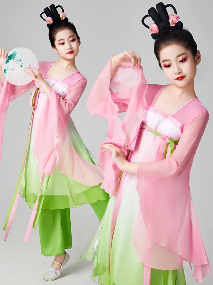 

Elegant Children's Classical Dance Performance Costume Women's Hanfu Flowing Silk Clothes Lotus Picking Spring Mountain Leaf
