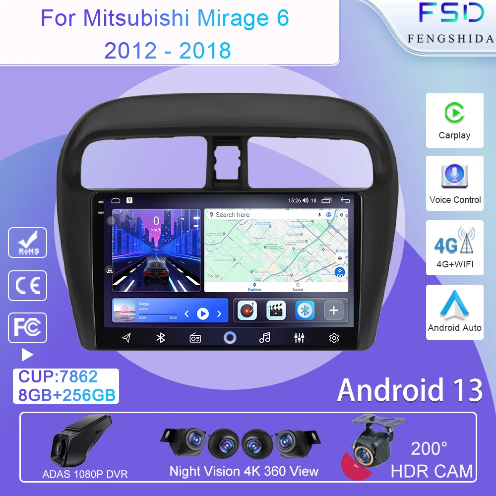 

Автомагнитола на Android для Mitsubishi Mirage 6 2012-2018, автомобильное радио, Carplay, GPS-навигация, стерео, видео, мультимедийный плеер, 5G Wifi, No 2din