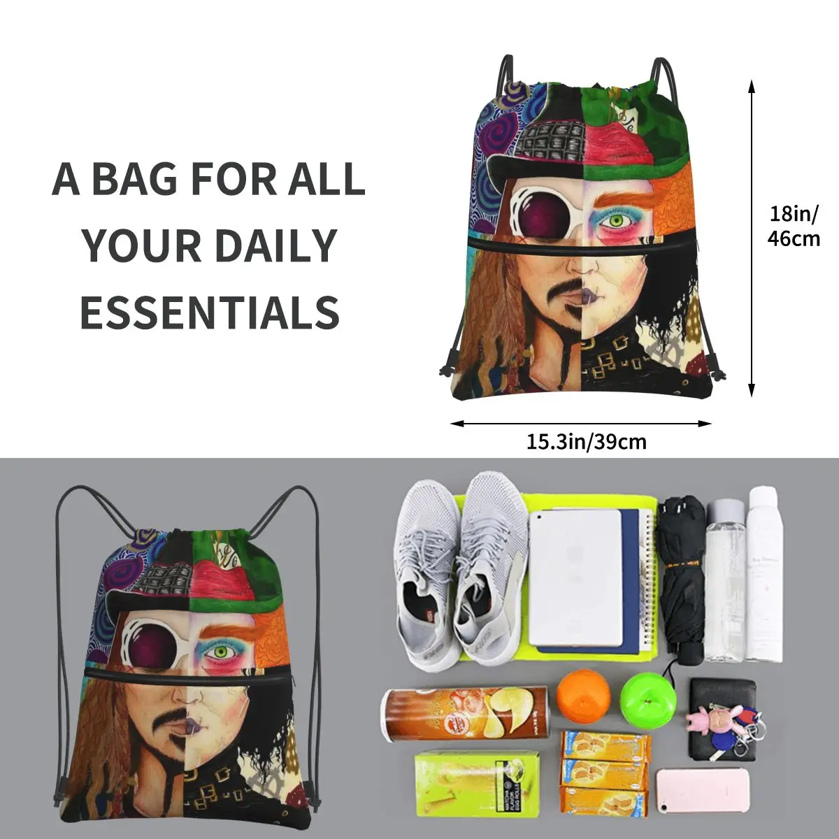 Johnny Depp Charakter Collage tragbare Rucksäcke Kordel zug Kordel zug Bündel Tasche Schuhe Taschen für Reises port Mann Frau