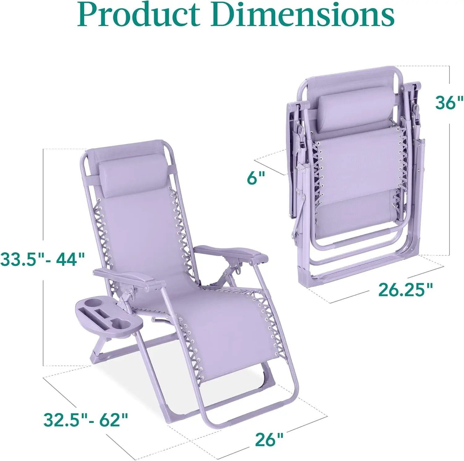 Adjustable Zero Gravity Chair, Monochromatic Color Folding Patio Recliner w/Side Tray, Headrest - Lavender