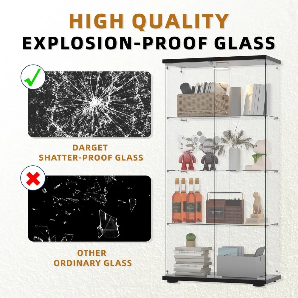 Glass Display Cabinet,4-Shelf 2 Doors with LED Push Light Lockable Glass DisplayCase with 4mm Tempered Glass Floor,Glass Cabinet