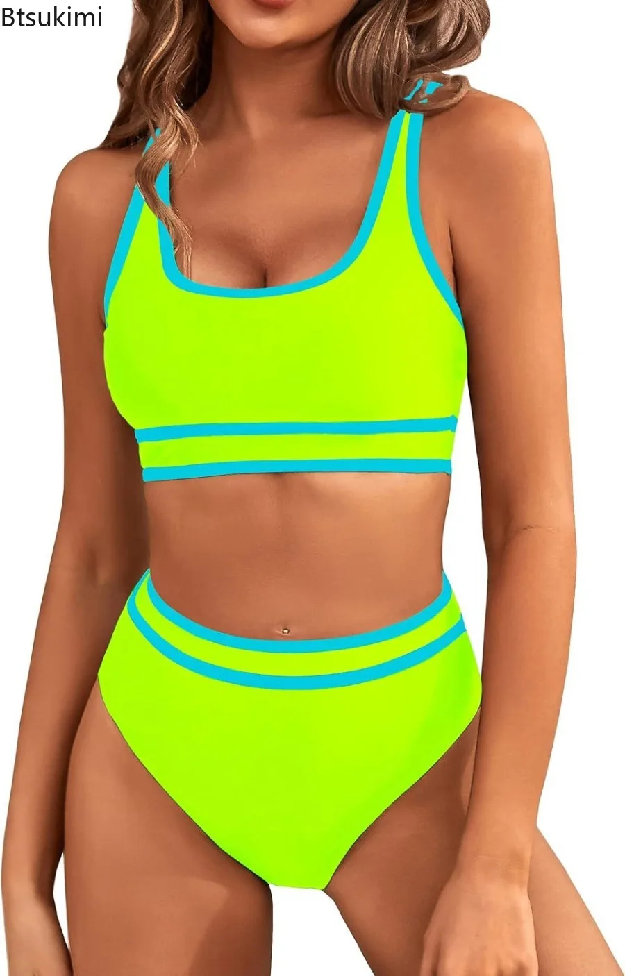2025 Women's Sporty Strappy Bikinis High Waist Swimsuit Solid Sexy Swimwear Female Bathers Bathing Swimming Swim Suit Beachwear