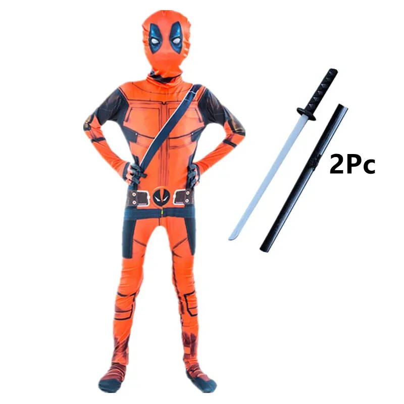 Superhero Deadpool Costume Halloween Cosplay Jumpsuit Boys Fantasy Movie Character Mask Tights with Sword and Bag Holiday Set