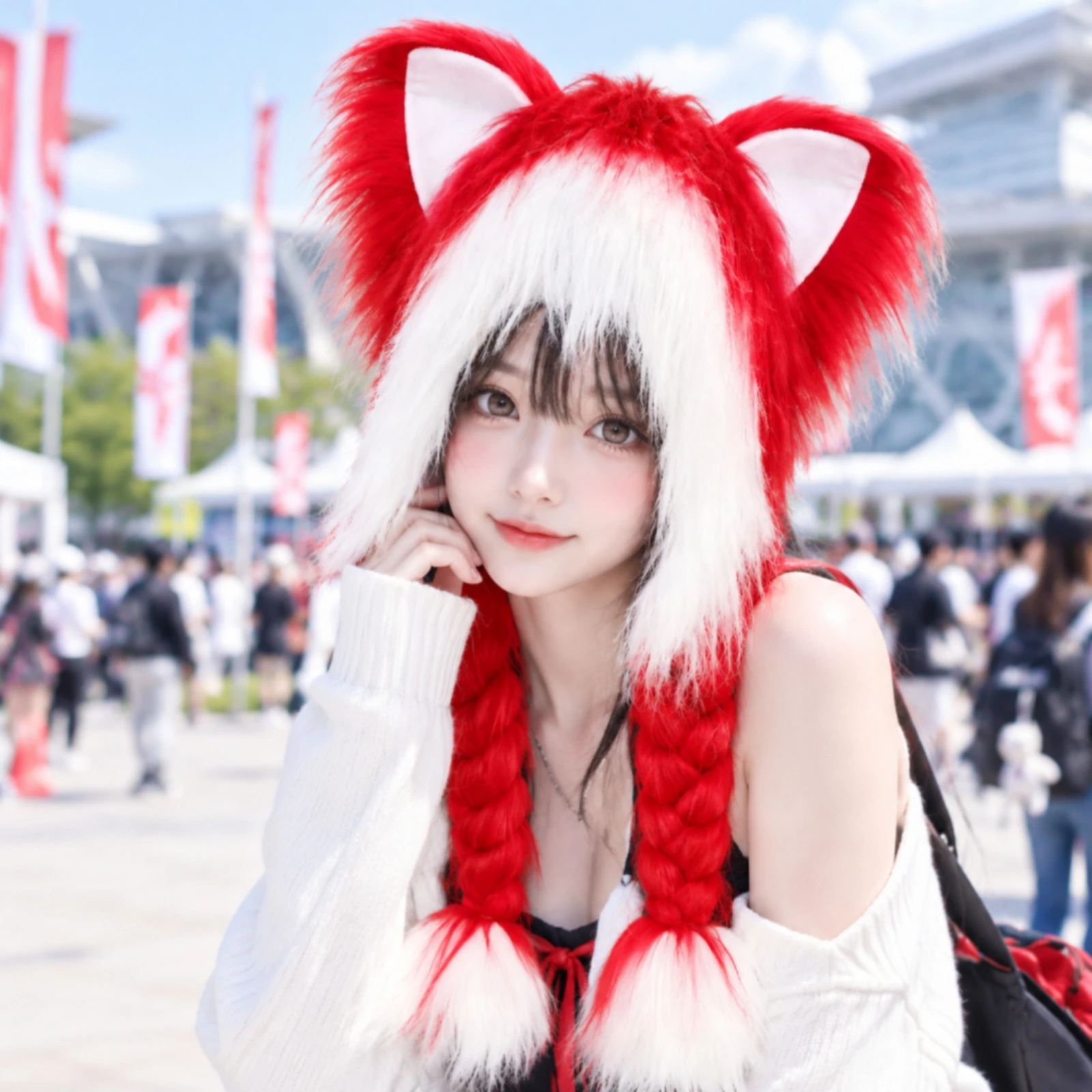 Cat-Ear Hairpiece Hat Kawaii Furry Cat Ear Hat with Braids Novelty Comfortable for Cosplayers, Conventions, Themed Events
