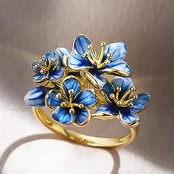 Vintage Blue Enamel Flower with Cubic Zirconia Ring for Women Elegant Fashion Temperament Jewellery Holiday Delicate Gifts