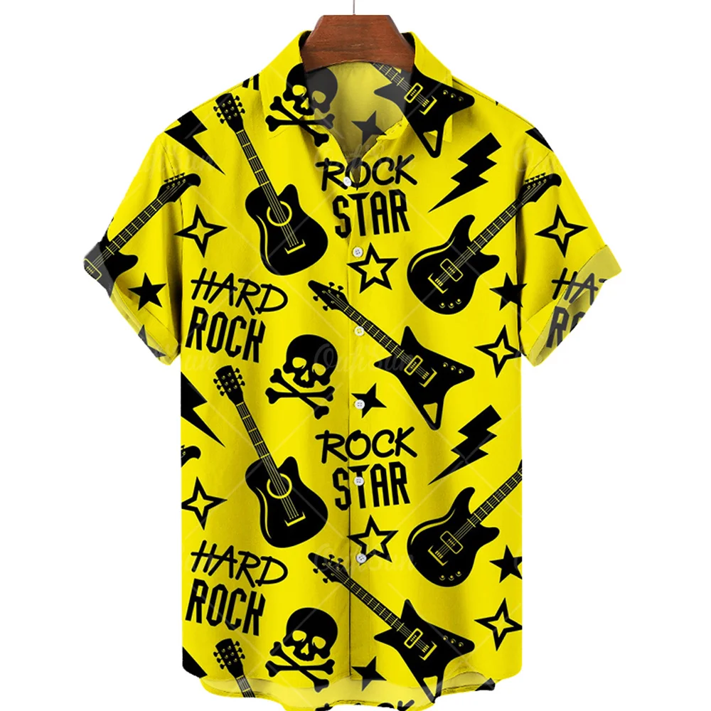 Hawaiian Shirt with Musical Guitar Print for Men, Musical Party Short Sleeve Shirt for Beach, Hip Hop, Harajuku, Large Size Top