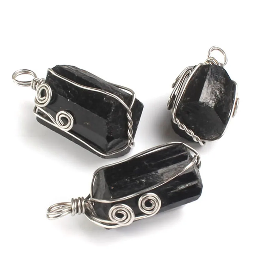 Wire Wrapped Jet Pendants For Women Necklace DIY Natural Irregular Black Tourmaline Energy Stone Pendant Man Jewelry No Chain