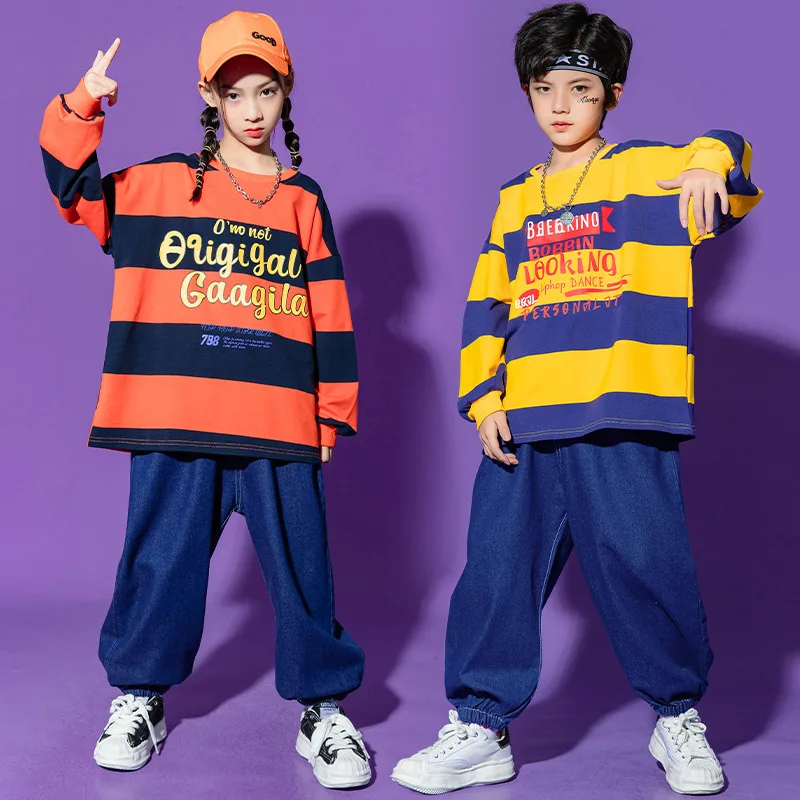 Boys Hip Hop Clothing Orange Striped Tops Streetwear Denim Trousers Pants for Kids Dance Costume Clothes