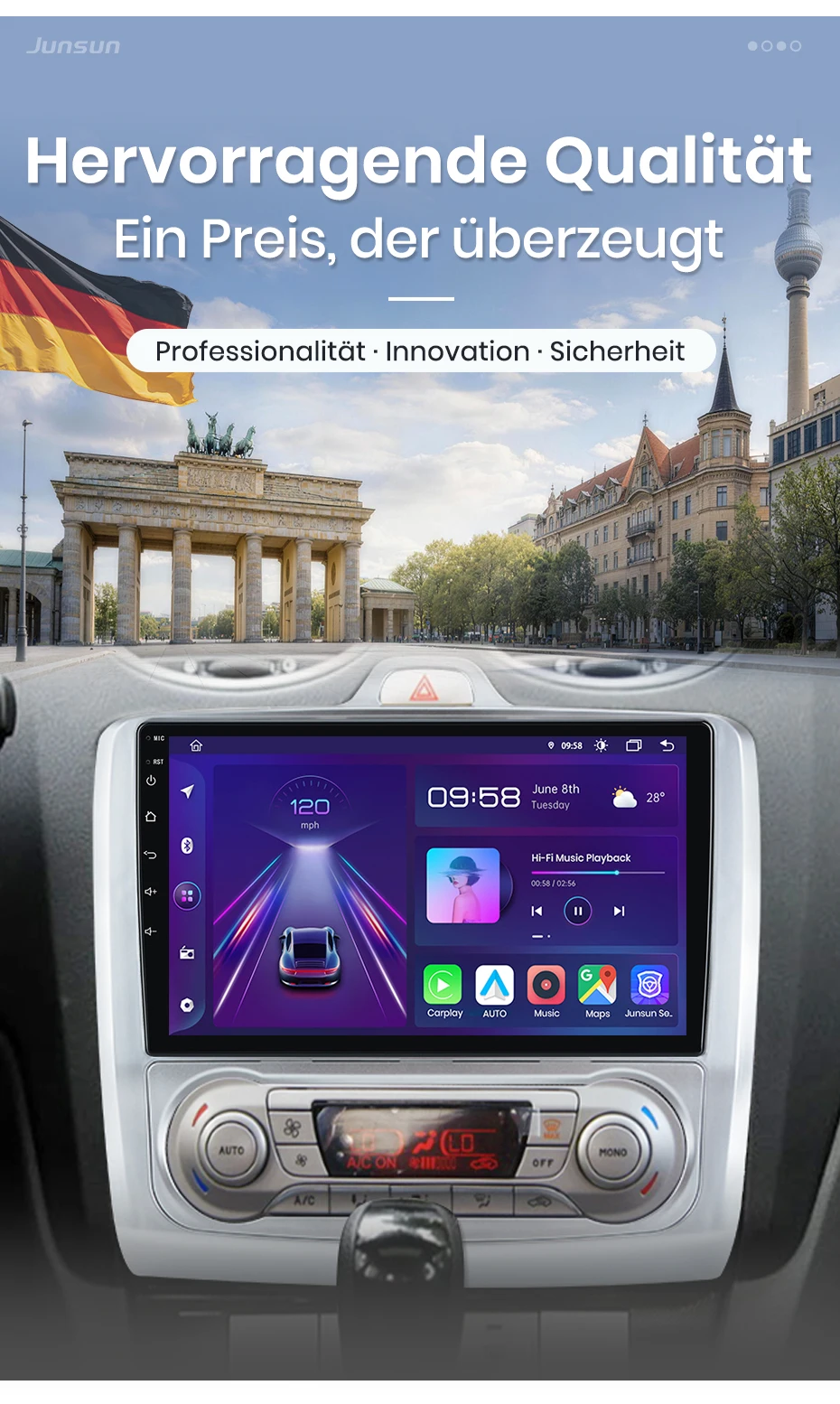 Junsun 9-Zoll Android 15 Autoradio für Ford Focus 2 3 Mk2 Mk3 2004-2011, kabelloses Apple CarPlay, Auto-Bildschirm, Stereo-Multimedia-Videoplayer, intelligente Fahrzeugsysteme, 2-DIN-Autoradio-Haupteinheit, GPS-Navigation, Bluetooth, 4G, WLAN, 8-Kern-Prozessor, FM, DSP, RDS, DAB+ – Detail 5