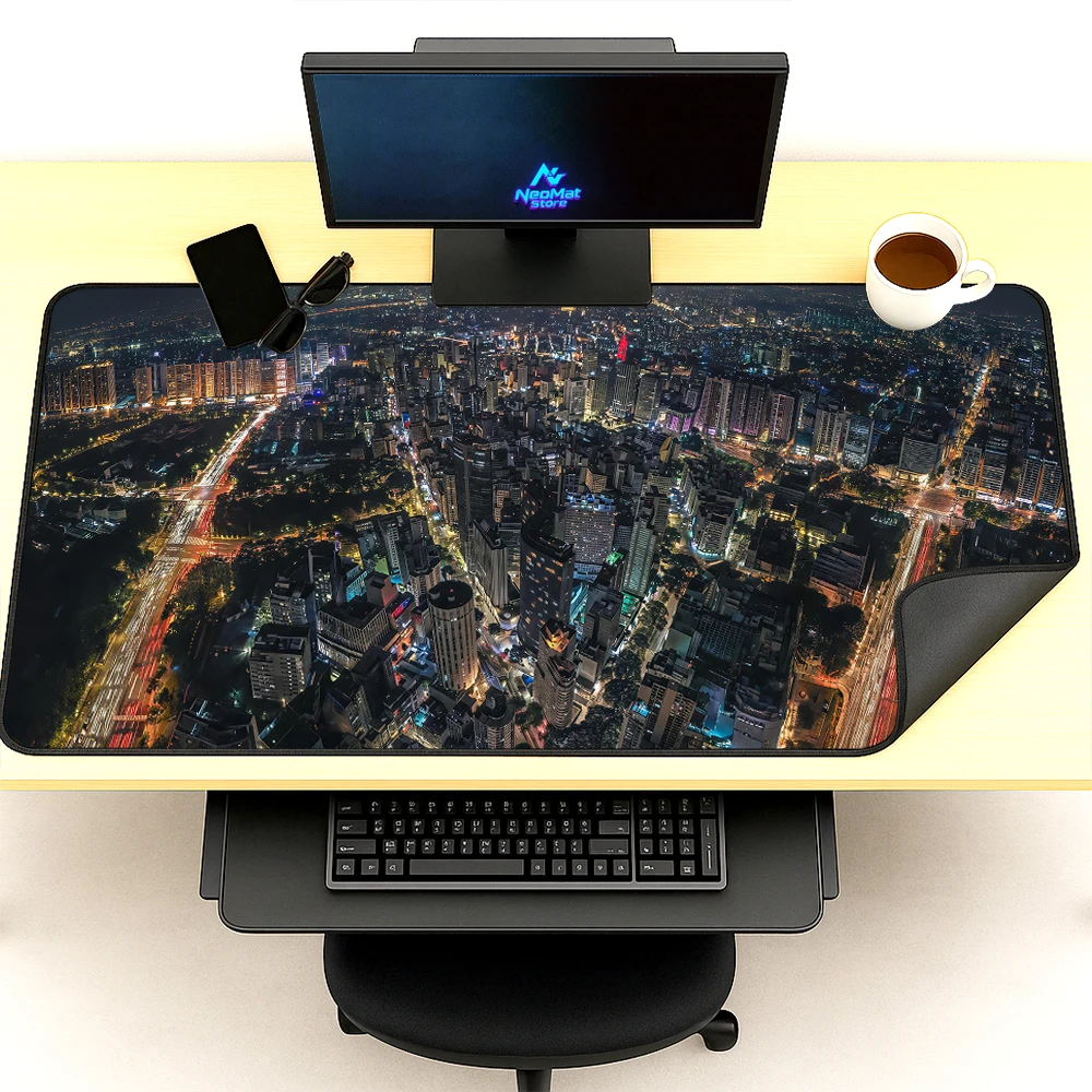 Neon Cyberpunk Mouse Pad Desk Pad Gaming 140x60 Urban Full Desk Mat Night Cityscape Large Mousepad Nonslip Accessories