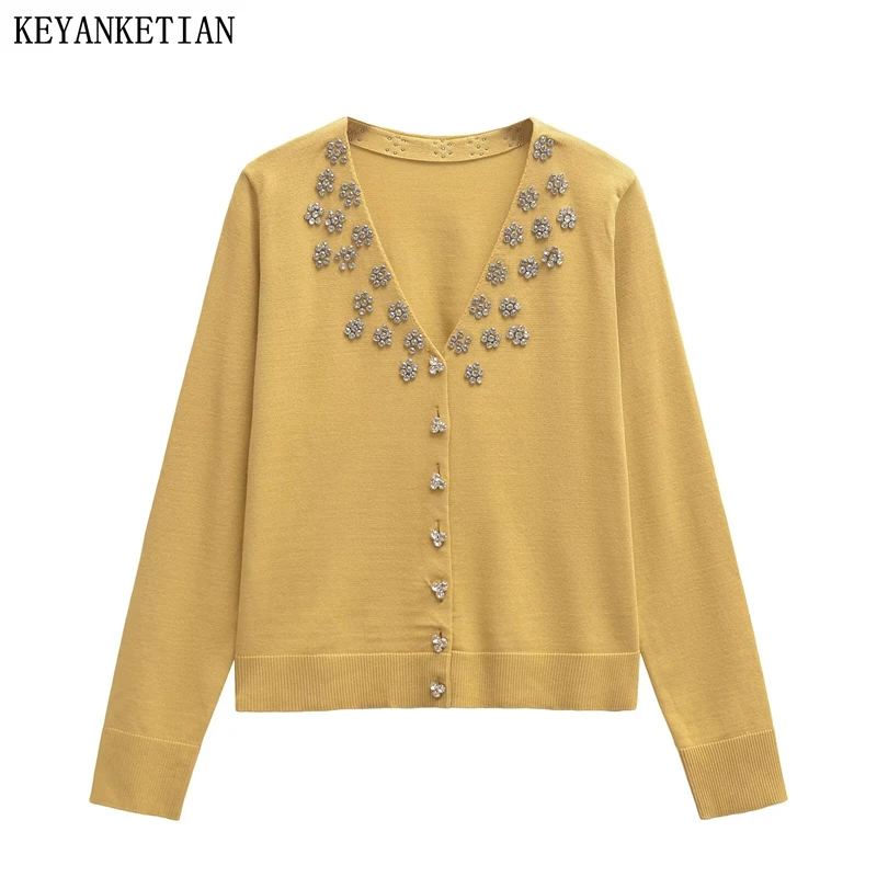 

KEYANKETIAN Autumn/Winter New Women's Artificial Gemstone Flower Decoration Sweater Sweet V-Neck Buttons Short Knit Cardigans