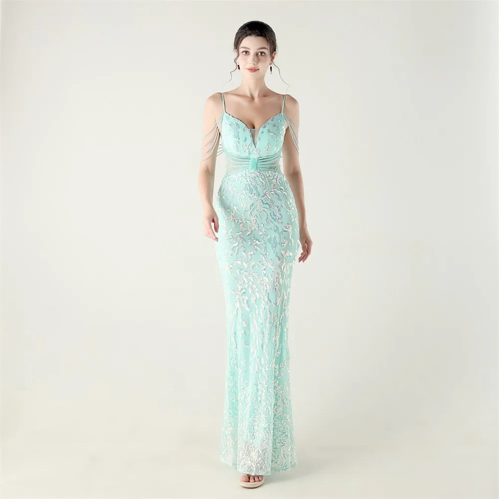 Summer Spaghetti Strap Sequin Dress Beaded V Neck Long Elegant Dresses Mermaid Floor Length Gown Lilac Mint Green Evening Dress