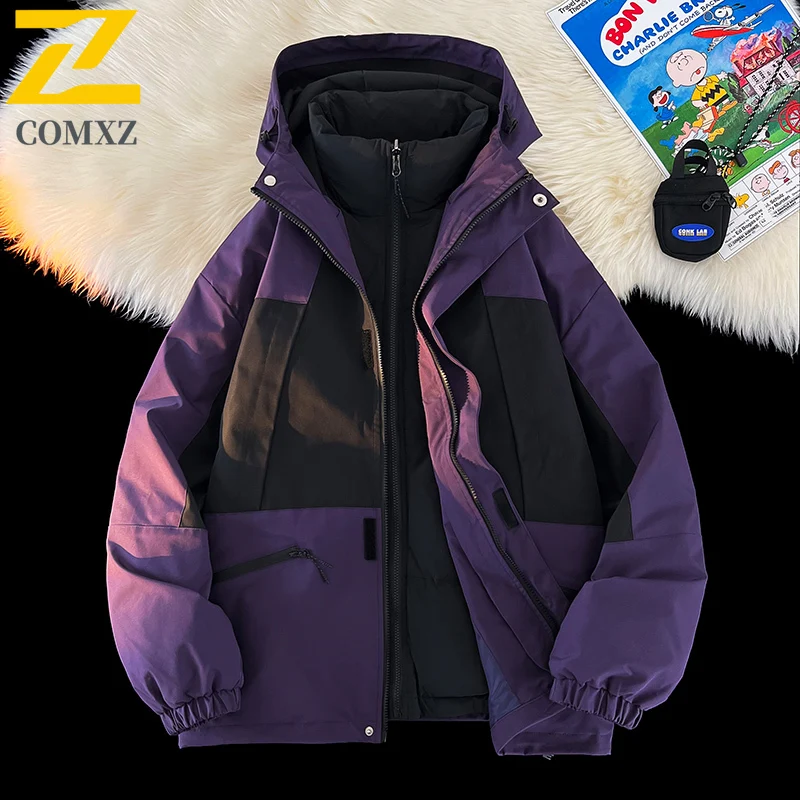Winter Jacket Men 2025 Autumn Winter New 3-in-1 Color Block Hooded Thickened Warm Parka Adventure Windproof Lightweight Coat