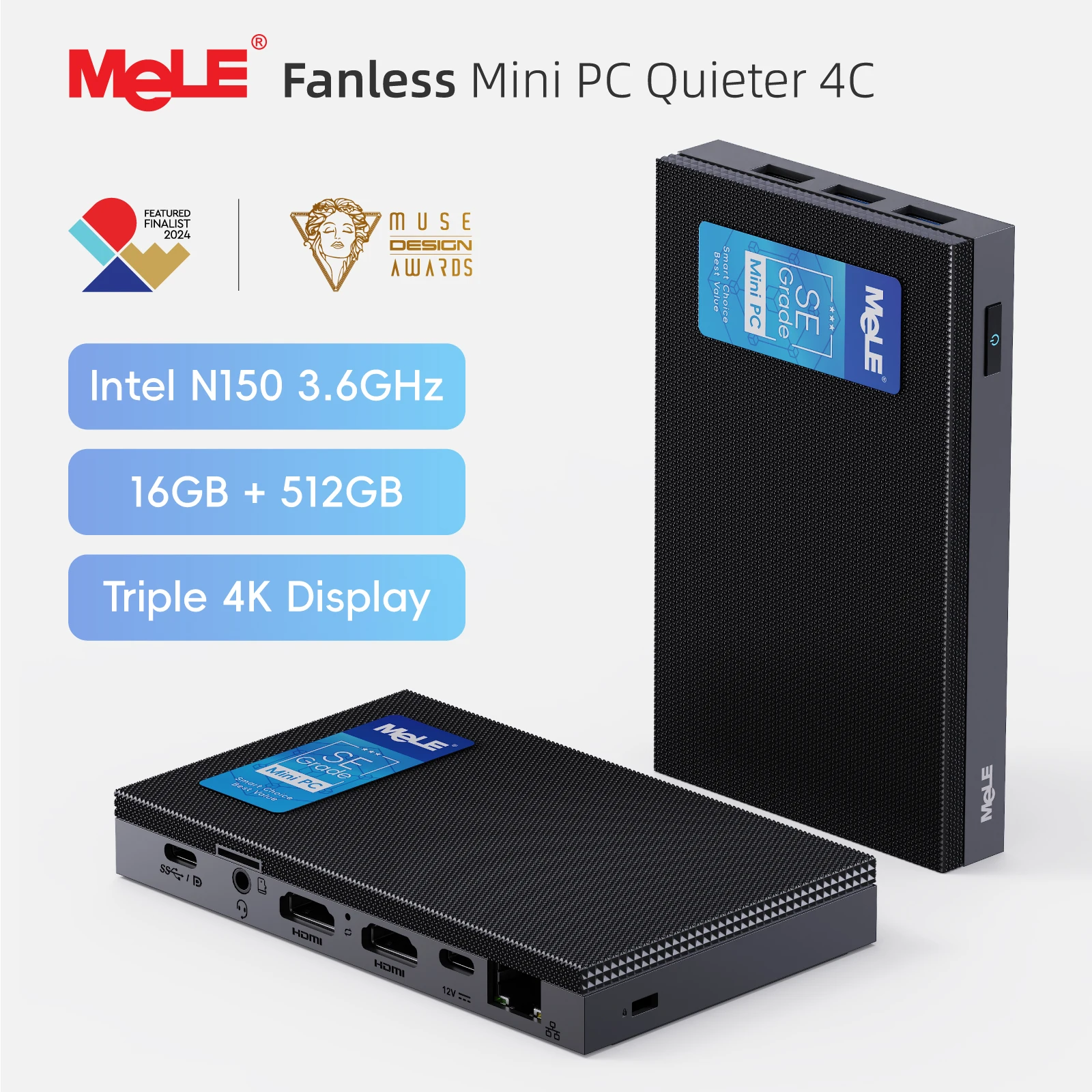 MeLE SE Grade Quieter 4C Fanless Mini PC N150 8GB 128GB Windows 11 Pro USB-C PD3.0,Triple 4K Display, 0dB Silent, Compact Design