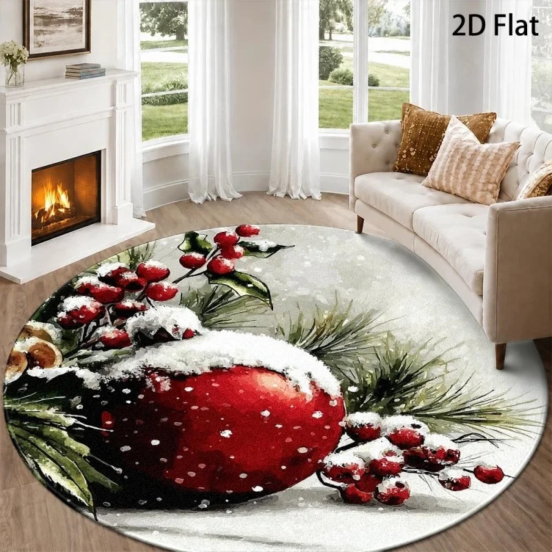 Winter Red Bauble Holly Round Area Rug, Berry Pine Printed Floor Mat, Christmas Decor Carpet for Living Room Bedroom