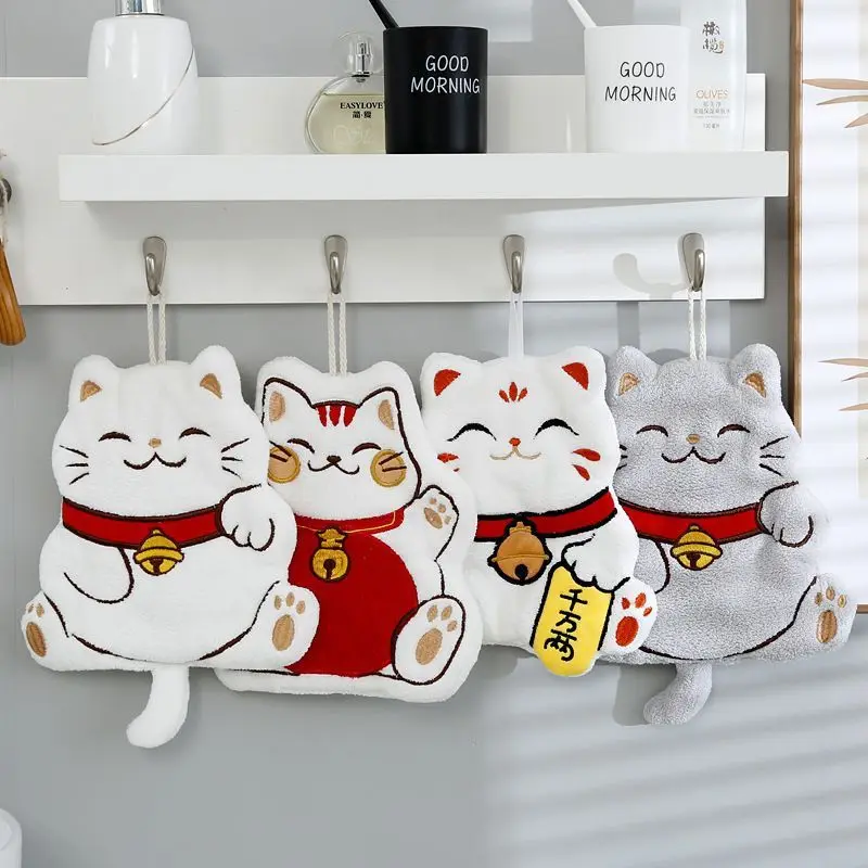 

New Year's Coral Fleece Lucky Cat Hand Towel Soft Absorbent Cute Embroidered Rag Quick Dry Handkerchief Hanging Towels