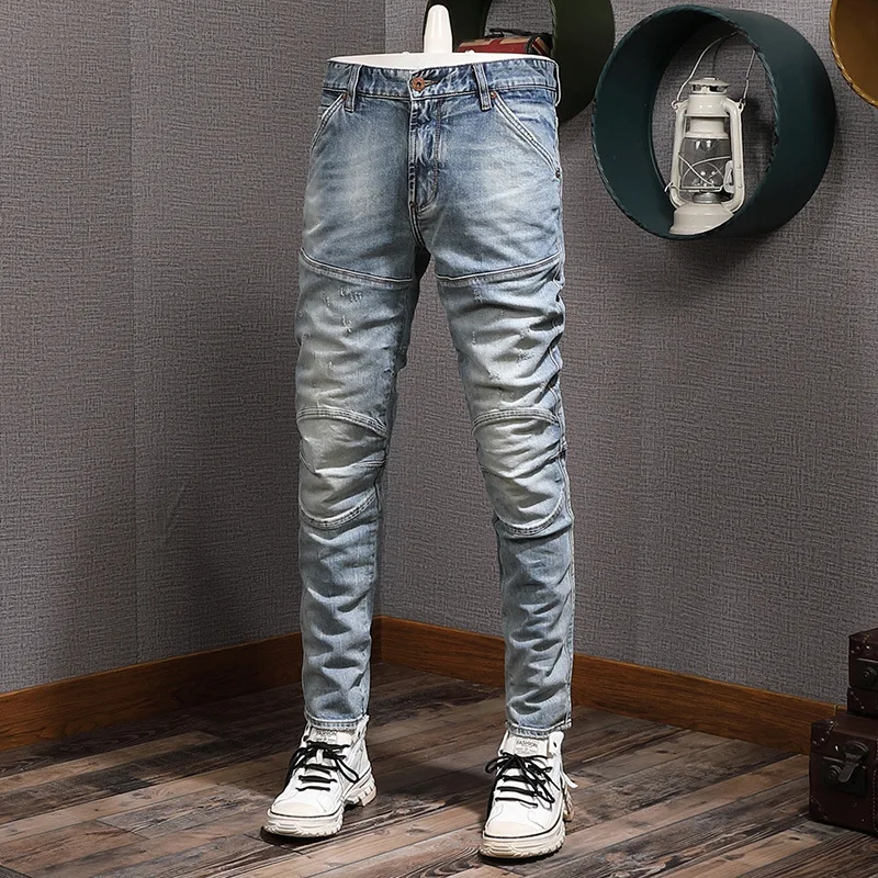 

2025 Spring and Autumn Nostalgic Splicing Slim fit Small Leg Jeans for Men, Elastic Water Washed Retro Street Heavy Pants