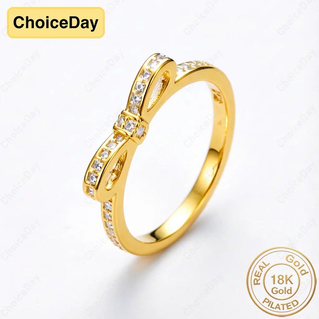

18K Gold Plated Luxury Bow Zirconia Ring, Stylish Women's Engagement Party Gift Jewelry Accessories