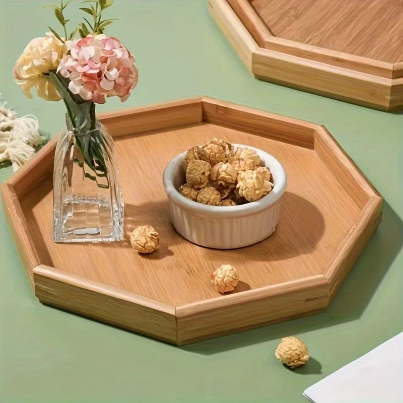 

Восьмиугольный деревянный поднос для сервировки — идеально подходит для подачи разнообразных блюд, удобная ручка с пазами для переноски, универсальный поднос для закусок.