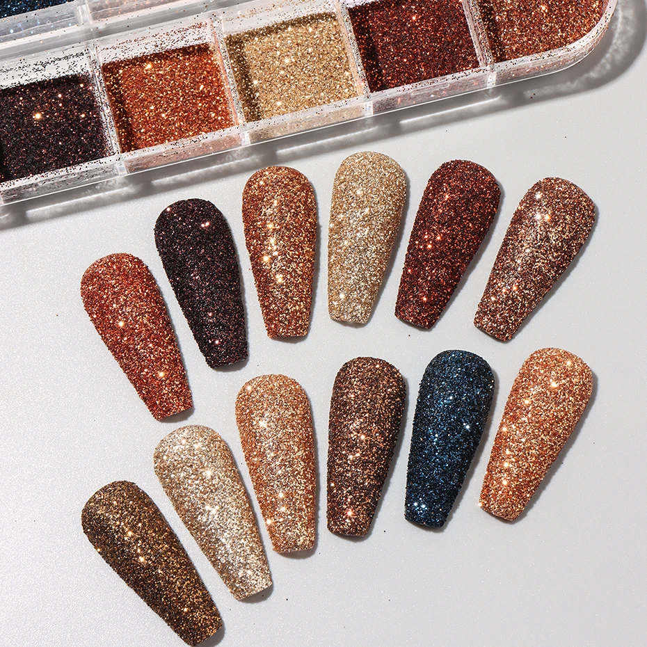 블랙 골든 브라운 네일 아트 글리터 파우더 무지개 빛깔의 화이트 파인 크롬 플레이크 더스트 가을 겨울 스파클 네일 장식 액세서리