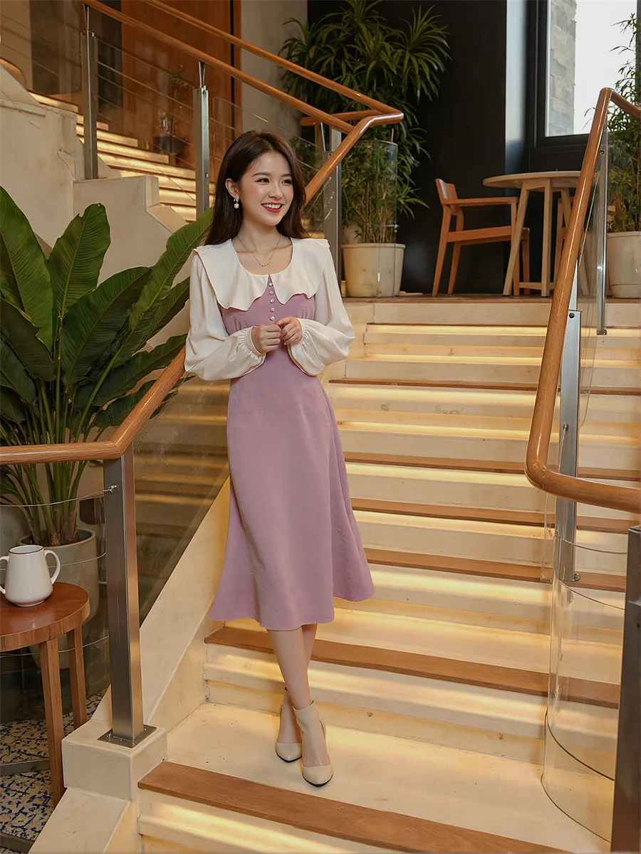 여성 드레스 우아한 여성 2025 긴 소매 블랙 화이트 패치워크 큐프로 커브드 컷 귀여운 컷아웃 사이버 데일리 데이지 댄스